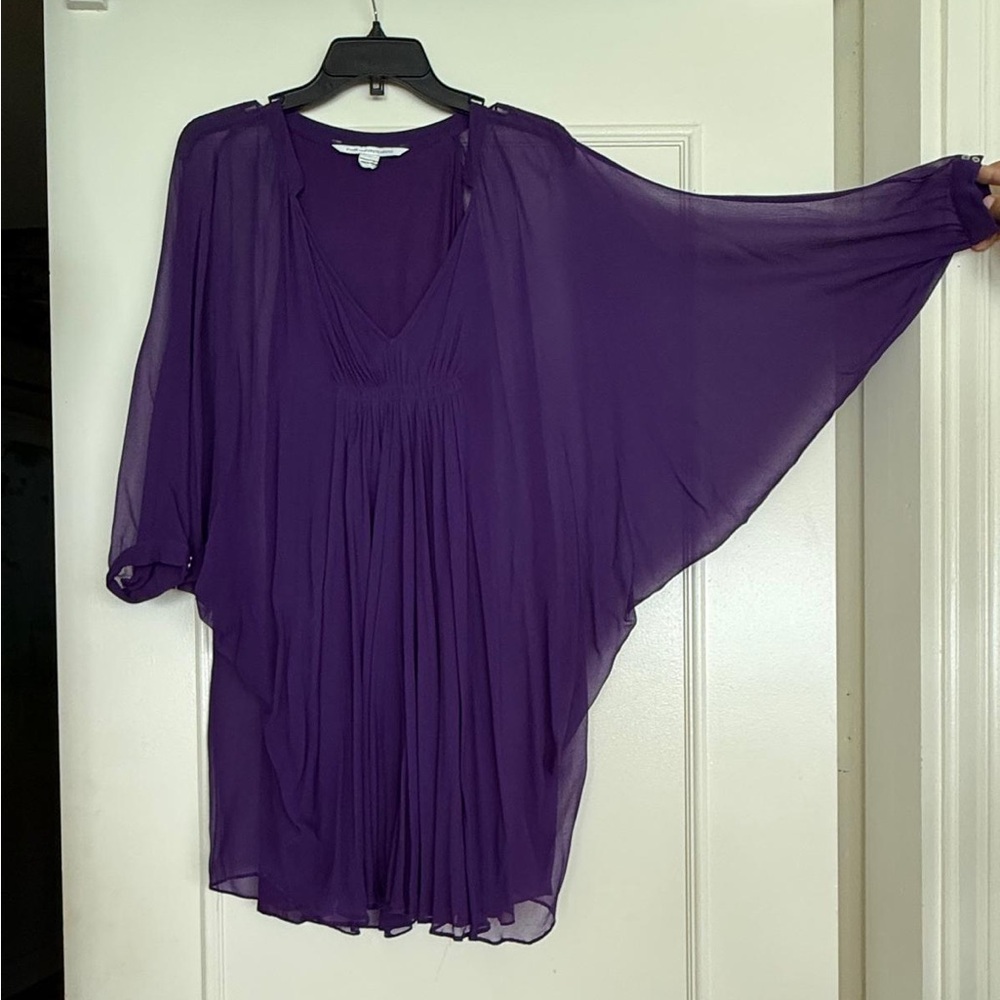 Diane Von Furstenberg Purple Sheer Pleated V-Neck Tunic